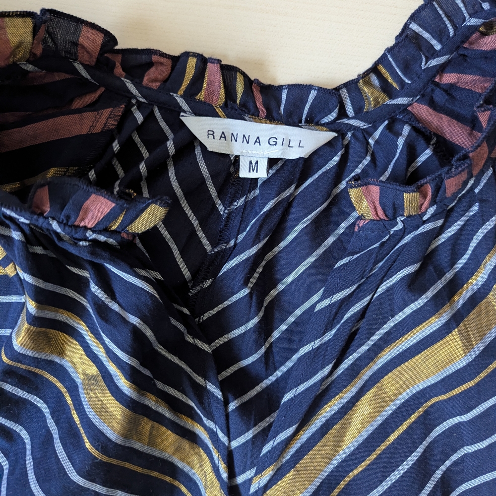 Anthropologie Ranna Gill Sibyl Shimmer Faux Wrap Mini‎ Dress Blue Gold Pink - Picture 2 of 11